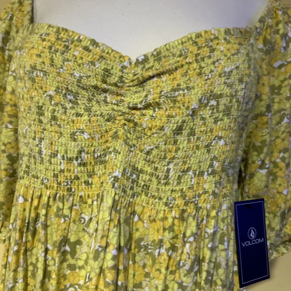 Babydoll Mini-dress Yellow Floral Stretch Bodice Volcom Woman's 8 Fairy core M - Picture 3 of 14